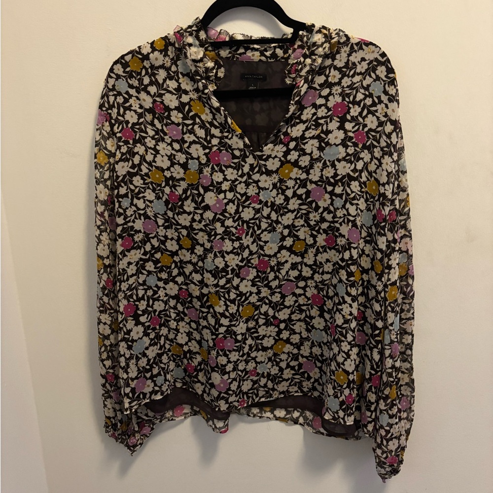 Ann Taylor Floral Ruffle Neck Top